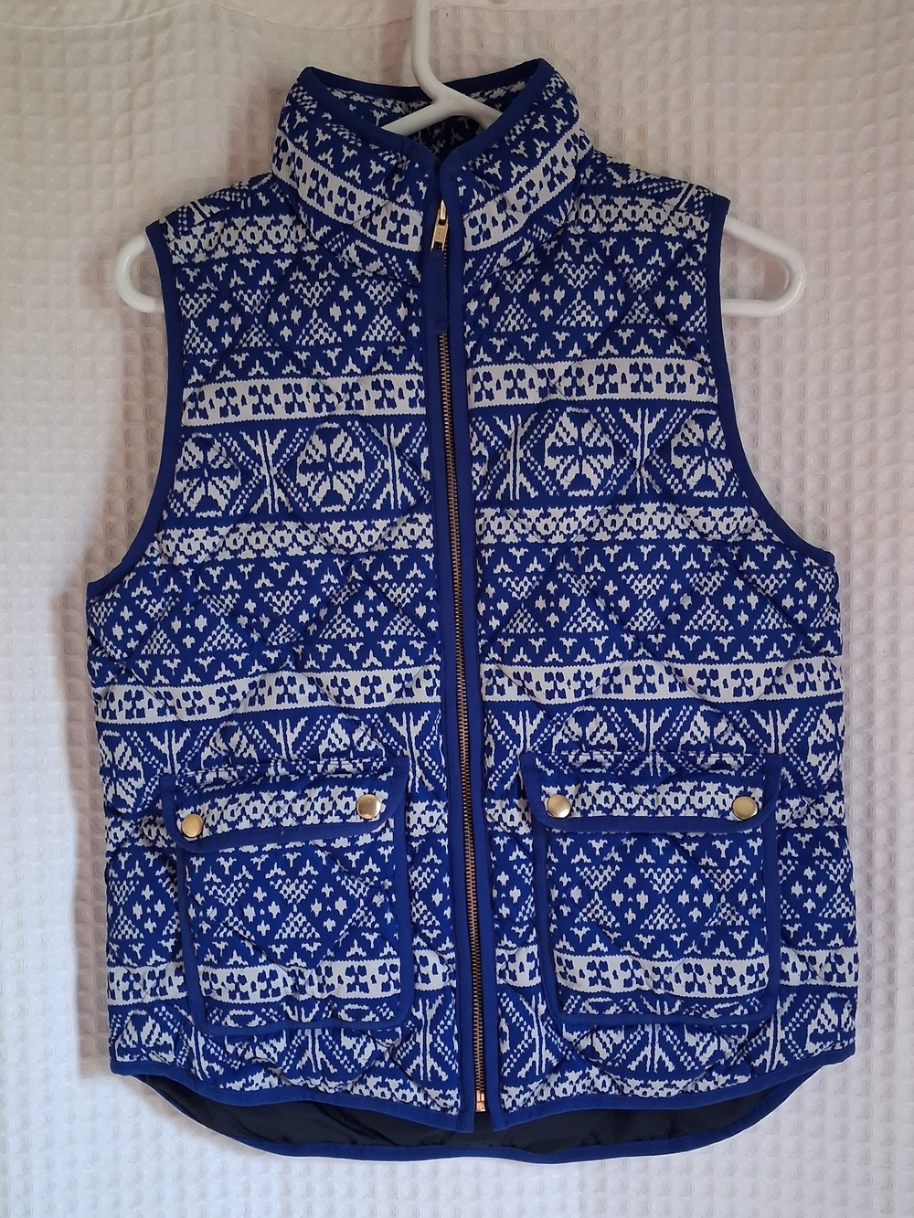 J.Crew Excursion Quilted Puffer Vest Blue White Fair Isle Nordic NWOT Sz S